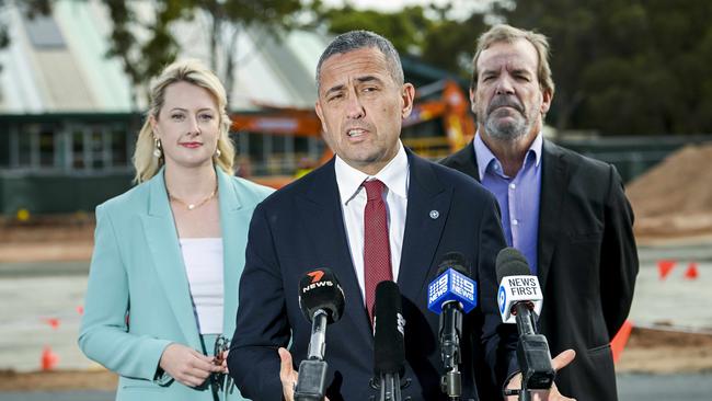 Tom Koutsantonis speaks to media with Labor MP Lucy Hood and John Hamer from Water Polo SA at the site. Picture: Mark Brake