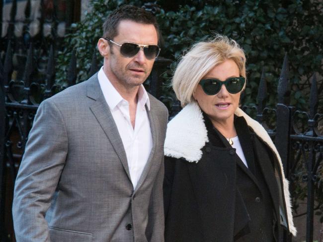 Hugh Jackman and Deborah Furness arrive at the funeral of Oscar De La Renta.