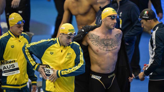 Australia claimed a bronze medal in the men’s 4x200m freestyle relay, yle Chalmers (2nd R) prepares to compete in the final of the men's 4x200m freestyle relay swimming event during the World Aquatics Championships in Fukuoka on July 28, 2023. (Photo by FranÃ§ois-Xavier MARIT / AFP)