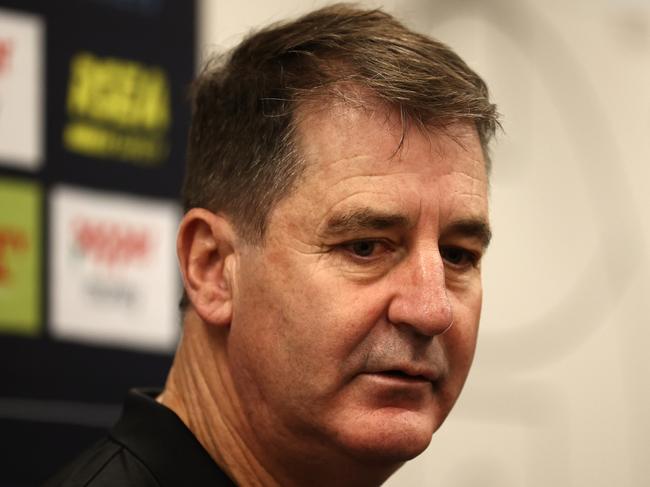 MELBOURNE, AUSTRALIA - MAY 10: Saints coach, Ross Lyon speaks to the media during a St Kilda Saints AFL training session at RSEA Park on May 10, 2023 in Melbourne, Australia. (Photo by Robert Cianflone/Getty Images)