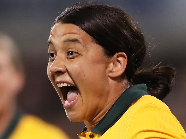 CANBERRA, AUSTRALIA - APRIL 12:   Sam Kerr of Australia celebrates with team mates after scoring a goal during the International womens friendly match between the Australia Matildas and the New Zealand at GIO Stadium on April 12, 2022 in Canberra, Australia. (Photo by Matt King/Getty Images)