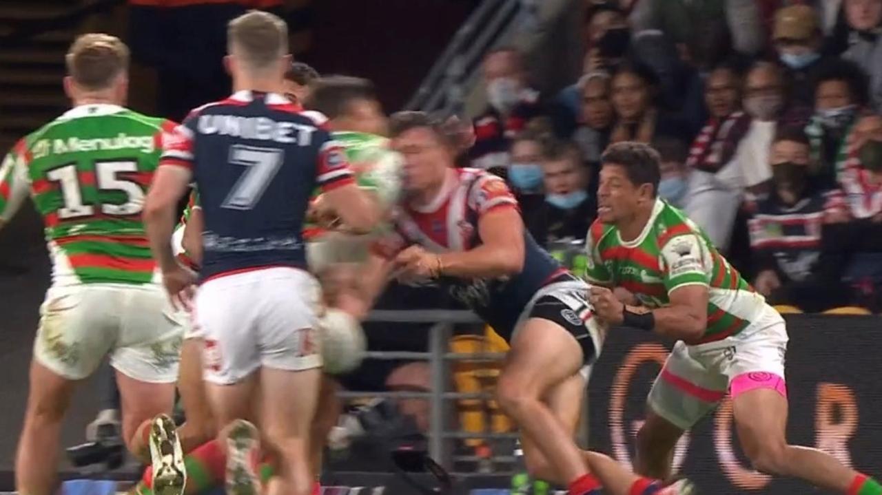 Latrell Mitchell’s hit on Joey Manu. Picture: Fox Sports