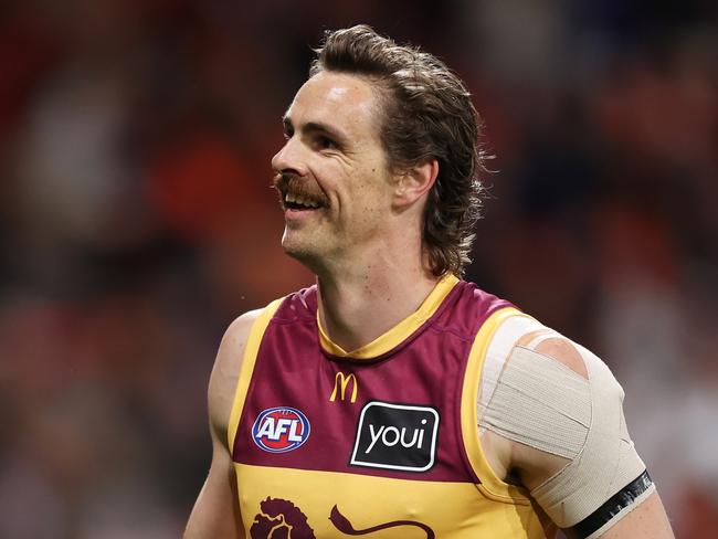 SYDNEY, AUSTRALIA - SEPTEMBER 14:  Joe Daniher of the Lions celebrates kicking his last goal during the AFL First Semi Final match between GWS Giants and Brisbane Lions at ENGIE Stadium, on September 14, 2024, in Sydney, Australia. (Photo by Matt King/AFL Photos/via Getty Images)