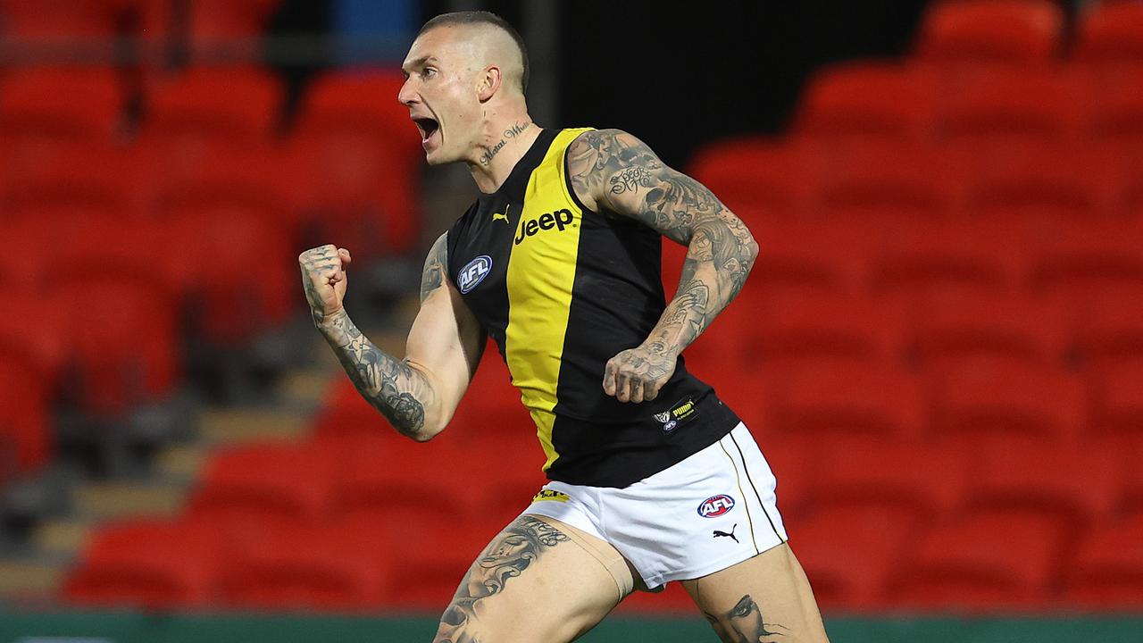 Dustin Martin celebrates one of his three goals against the Bulldogs. Picture: Michael Klein