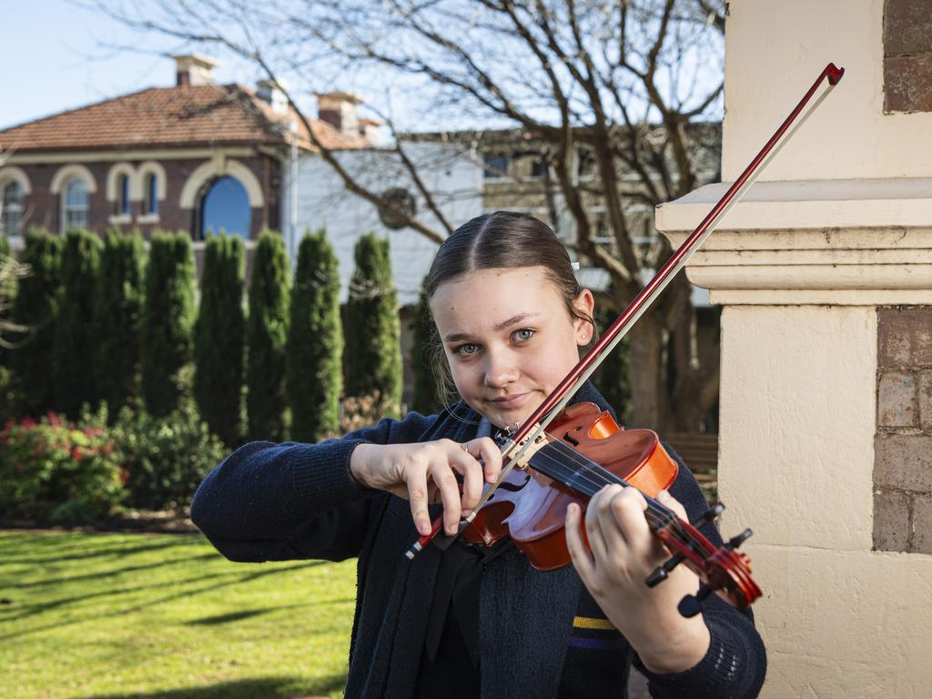 Jasmine Wilson of St Joseph's College before competing in the All-Age graded string solo grade one section of the 78th City of Toowoomba Eisteddfod at The Empire, Friday, July 26, 2024. Picture: Kevin Farmer