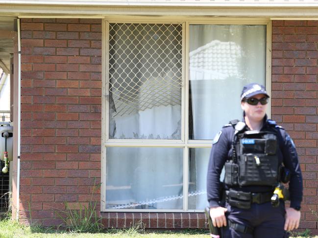 Police on scene at a Bix Court address at Crestmead where a man was shot by police. Picture: David Clark