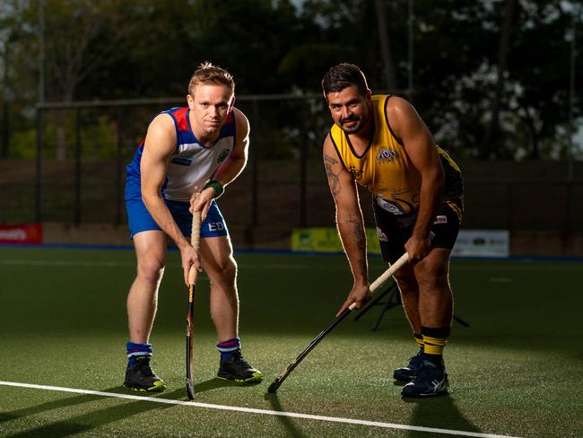 The 2020 Hockey season is coming to a close with the final teams ready to face off for the finals. Patrick Clapp (Easts) and Des Abbott (Nightcliff) face off. Picture: Che Chorley