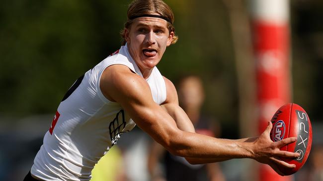 MELBOURNE, AUSTRALIA - FEBRUARY 17: Edward Allan of the Magpies in action during the Collingwood Magpies Intra-Club match at Olympic Park Oval on February 17, 2023 in Melbourne, Australia. (Photo by Michael Willson/AFL Photos via Getty Images)