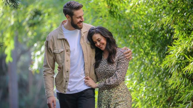 Megan Gale and Shaun Hampson in Melbourne’s Royal Botanic Gardens. Picture: Alex Coppel