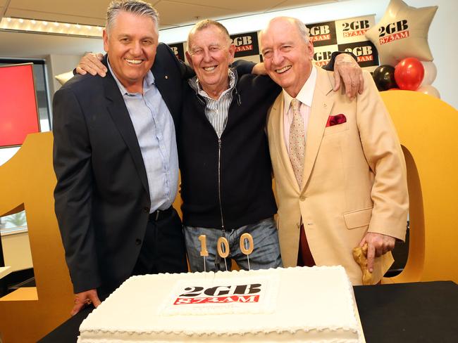 Ray Hadley, John Singleton and Alan Jones at 2GB in Pyrmont, celebrating 100 consecutive radio ratings wins. Picture: James Croucher