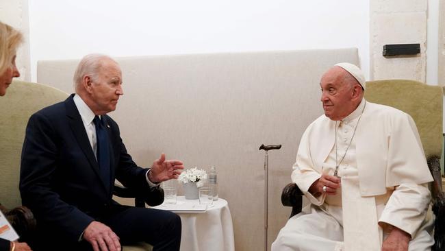 U.S. President Joe Biden meets with Pope Francis on the second day of the G7 summit at the Borgo Egnazia resort, in Savelletri, Puglia, Italy. Picture: Kevin Lamarque / POOL / AFP.