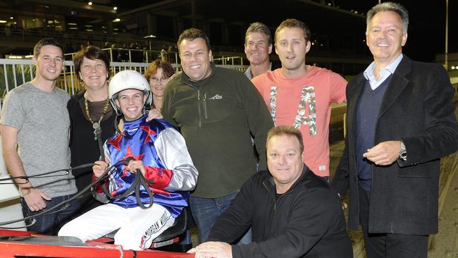 Pacing action from Gloucester Park on Friday 2nd August 2014. The connections of David Hercules celebrate with driver MorganWoodley after their win in the $35,000 Next Payments ATM Howard Porter Memorial.The win was Woodleys 100th winning drive for the season. PICTURE : BILL CRABB.