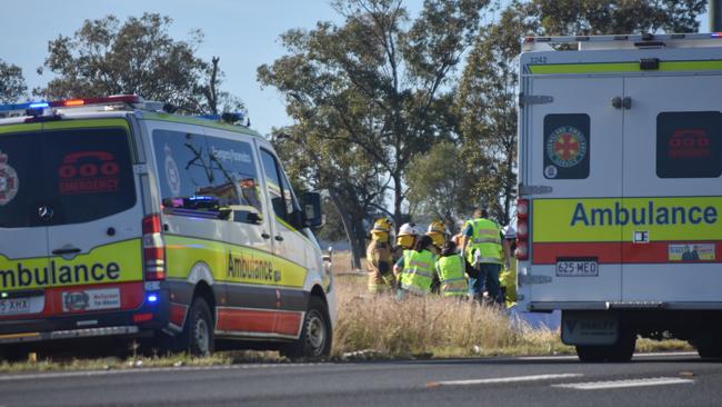 Emergency services rushed to the car and truck collision along the Warrego Highway in Bowenville on June 18. Picture: Sam Turner