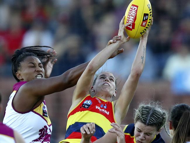 AFLW - Adelaide Crows v Brisbane Lions at Coopers Stadium (Norwood Oval) Chelsea Randall takes a strong mark. Picture Sarah Reed