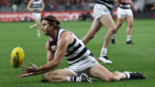 Lachie Henderson during the 2021 AFL preliminary final for the Geelong Cats. Photo: Michael Klein.