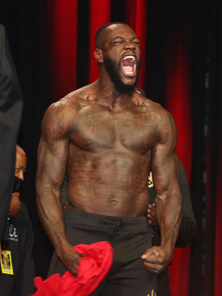 Deontay Wilder screams during his official weigh-in at MGM Grand Garden Arena. Picture: Al Bello/Getty Images