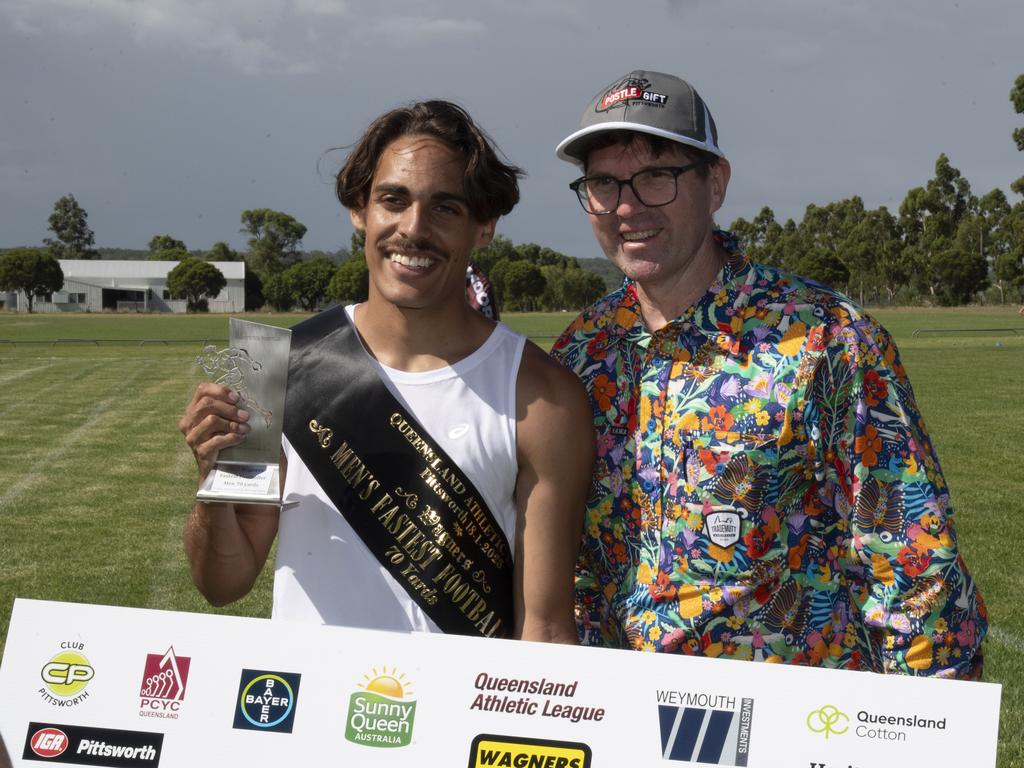 Leroy Dempsey, Wagners fastest male footballer 75 yards and Geoff McDonald. The Arthur Postle Gift at Pittsworth. Saturday 18th January, 2025. Picture: Nev Madsen.