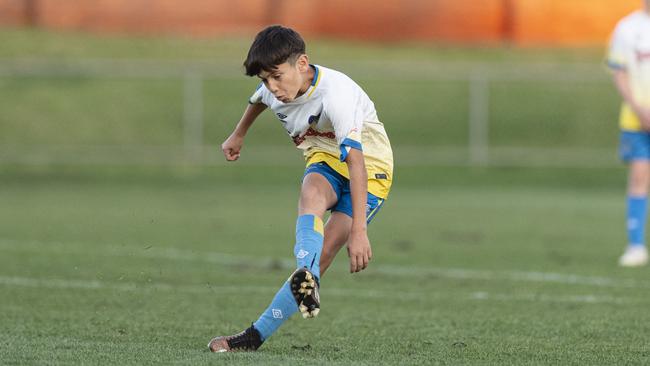 Luay Khudher of USQ FC against Rockville Rovers White in Football Queensland Darling Downs Community Juniors U13 Div 1 Maroon grand final at Clive Berghofer Stadium, Friday, August 30, 2024. Picture: Kevin Farmer