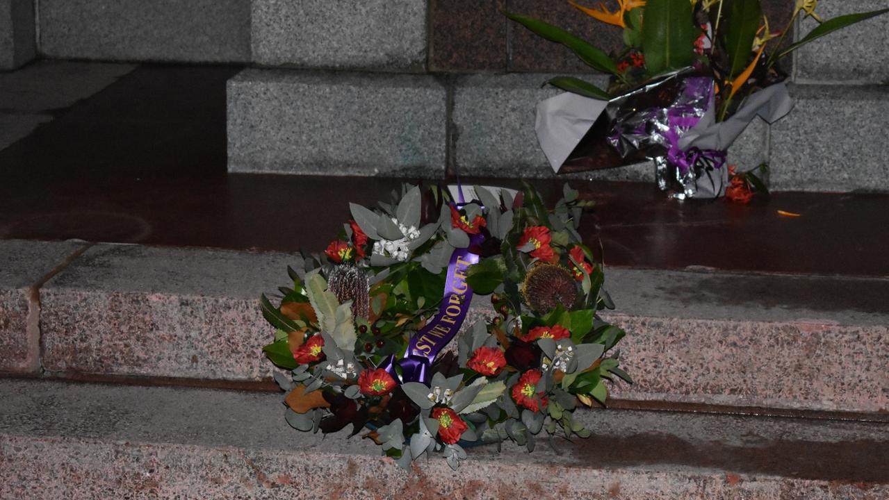 Mackay Anzac Day 2022 Dawn Service – single wreath laid at the Jubilee Park cenotaph. Picture: Janessa Ekert