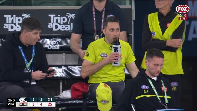 Umpire Steven Piperno and his bloody cap.