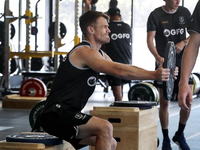 Port Adelaide’s Robbie Gray during a weights session during their training camp at, Maroochydore in Queensland. Picture: Sarah Reed