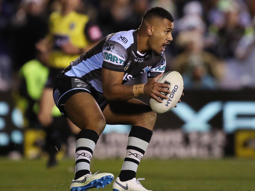 Cronulla's Sione Katoa scores a controversial try during the Cronulla Sharks v Canberra Raiders NRL match at Southern Cross Group Stadium, Cronulla. Picture: Brett Costello