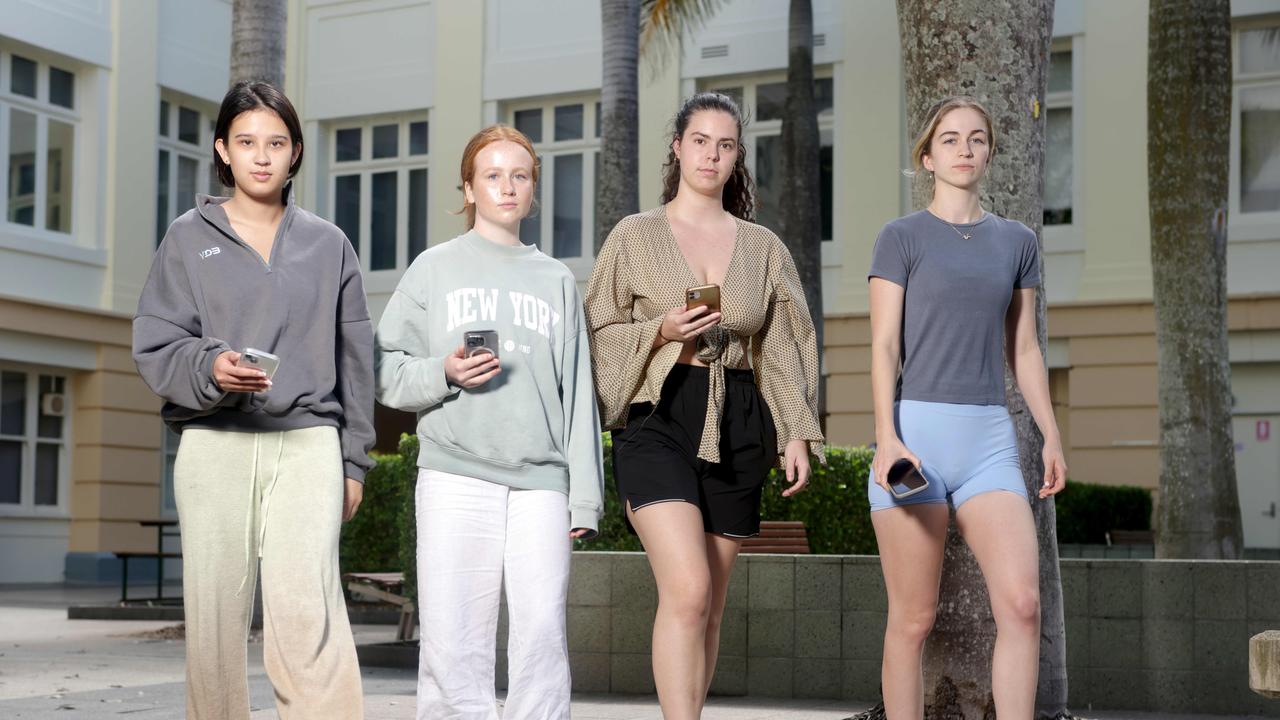 Ruby Hess from Chapel Hill, Ellouise O’Toole from Clayfield, Rebecca Clayton from South Ripley, Amy Robinson from Everton Park. Young teenagers are being fed suicide ideation-linked content within 30 minutes of signing up to social media giant TikTok. Picture: Steve Pohlner