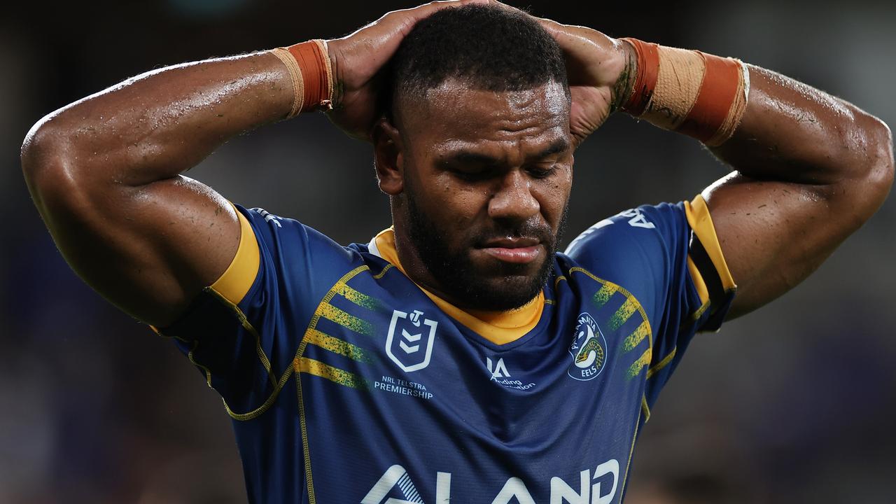 Maika Sivo came up with a moment of madness when he kicked on the first tackle when the Eels were on the attack with a few minutes to go. Picture: Cameron Spencer / Getty Images