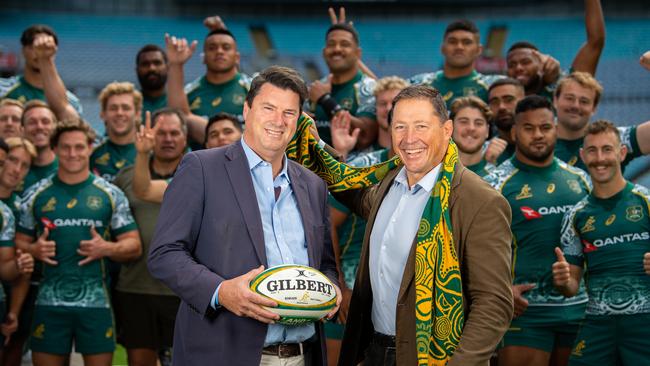 Former Wallabies skipper Phil Kearns, right, believes the lure of playing in a Rugby World Cup on home soil will be huge for the game. Picture: Stuart Walmsley/Rugby Australia