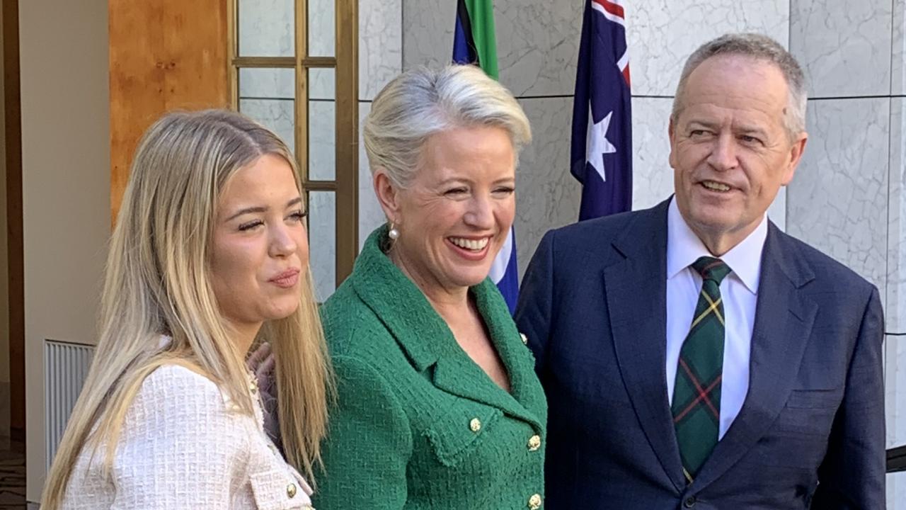 Bill Shorten’s wife Chloe and daughter Clementine were on hand when the NDIS minister announced his retirement from politics after 17 years. Picture: NewsWire. Picture: NewsWire