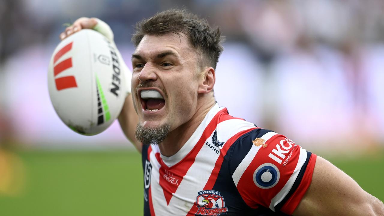 Angus Crichton of the Roosters celebrates scoring a try. Roosters v Warriors NRL R10 Roosters v Warriors at Allianz Stadium. Picture: NRL Photos/Gregg Porteous
