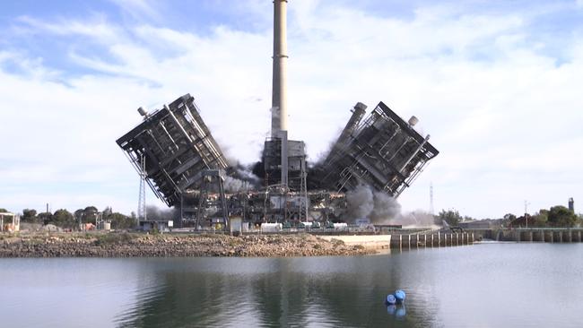 The boilers being felled at the Northern Power Station site in Port Augusta, South Australia. Picture: McMahon Services