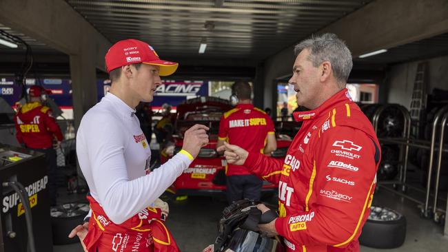 Cooper Murray chats with Craig Lowndes, who he raced with in a Triple Eight wildcard in 2024. Picture: Supplied.