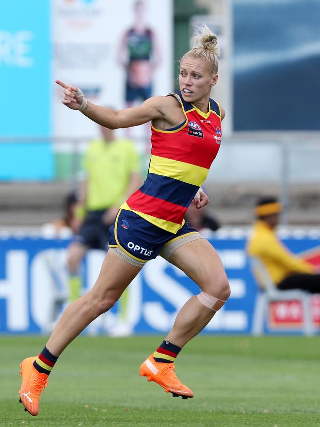 Erin Phillips of the Crows celebrates a goal. Picture Sarah Reed/Getty