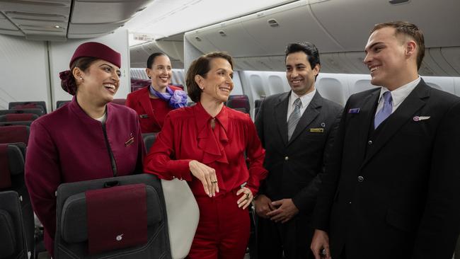 Outgoing Virgin Australia CEO Jayne Hrdlicka with Qatar and Virgin cabin crew in Brisbane. Picture: James D. Morgan/Getty Images