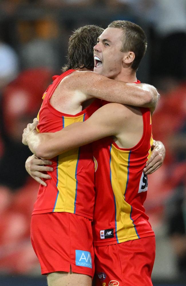 Ethan Read celebrates kicking a goal against Hawthorn. Picture: Matt Roberts/AFL Photos/via Getty Images.