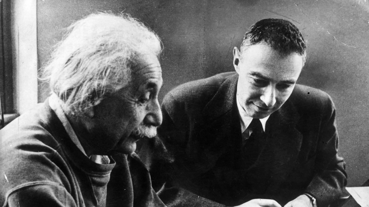 Nuclear scientists Albert Einstein and Robert Oppenheimer who became friends and colleagues after the war.