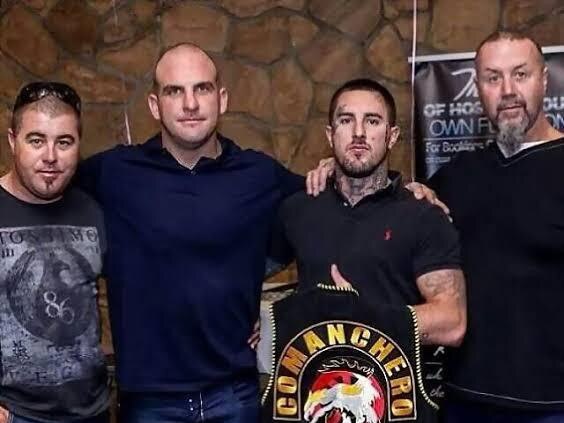 Allan Meehan (third from left) with Buddle (second from left). Meehan was appointed national president of the Comanchero outlaw bikie gang on Monday 26 June 2022.