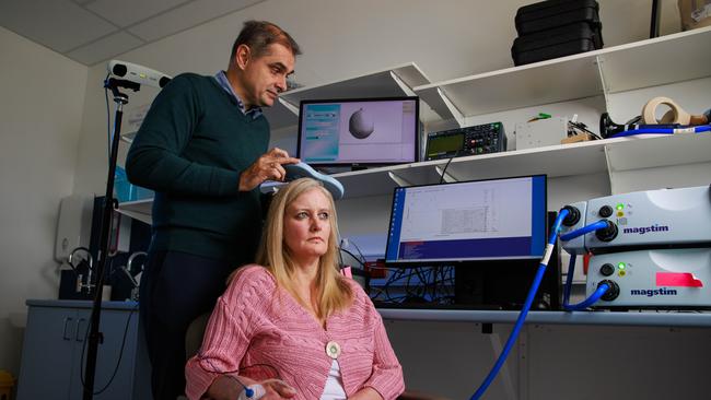 Key researcher Professor Steve Vucic with patient Jennifer Hartmann, at The Brain and Nerve research centre, at Concord Hospital. Picture: Justin Lloyd.