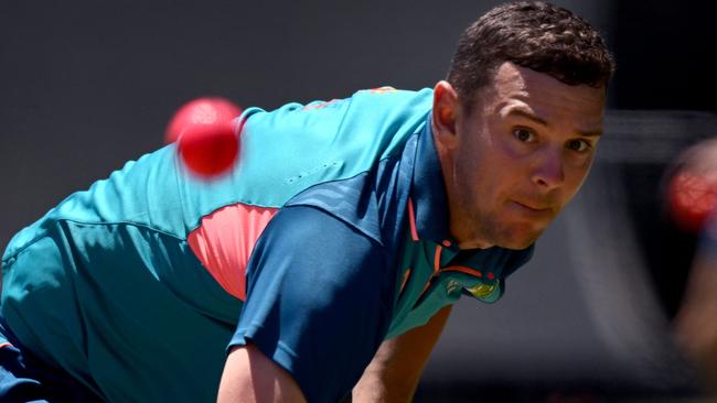 Josh Hazlewood bowls in the nets during a practice session before pulling up sore at the Adelaide Oval. Picture: AFP