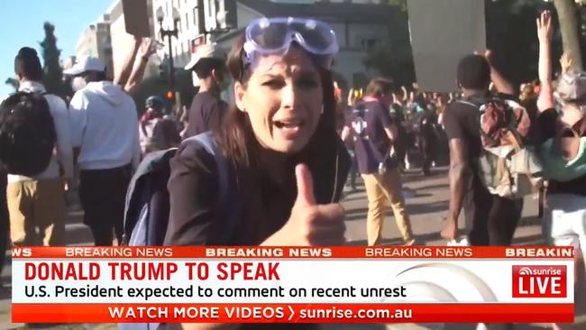 Seven News reporter Amelia Brace after her cameraman were pushed over by riot police at a protest in Washington DC over the death of George Floyd. Picture: Sunrise