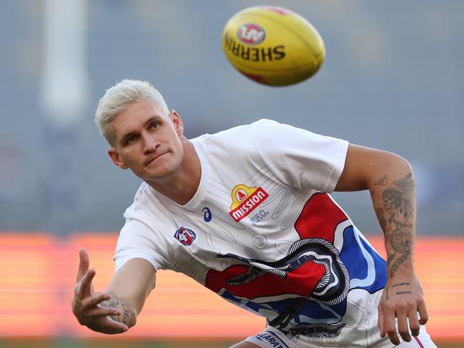 PERTH, AUSTRALIA - APRIL 27: Rory Lobb of the Bulldogs warms up before the 2024 AFL Round 07 match between the Fremantle Dockers and the Western Bulldogs at Optus Stadium on April 27, 2024 in Perth, Australia. (Photo by Will Russell/AFL Photos via Getty Images)