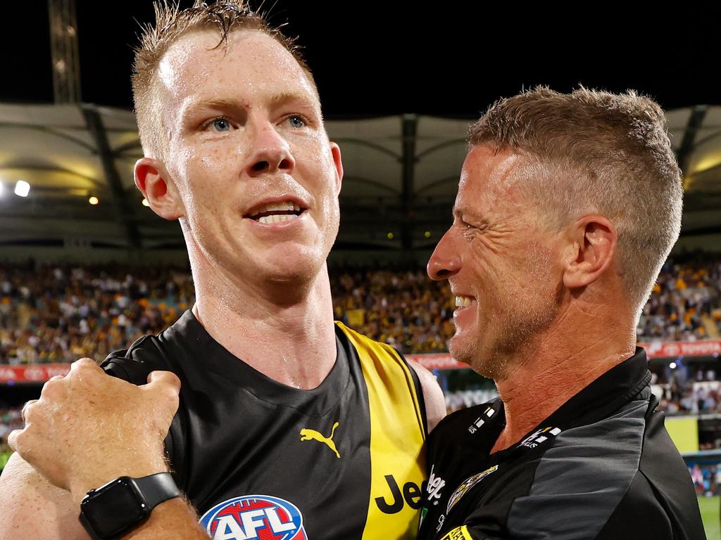 Richmond coach Damien Hardwick has heaped praise on milestone man Jack Riewoldt. Picture: AFL Photos/Getty Images