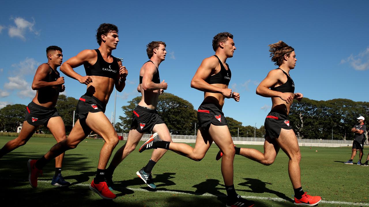 Nick Blakey, Will Hayward and James Rowbottom run hard on the first day back at training. Picture: Phil Hillyard