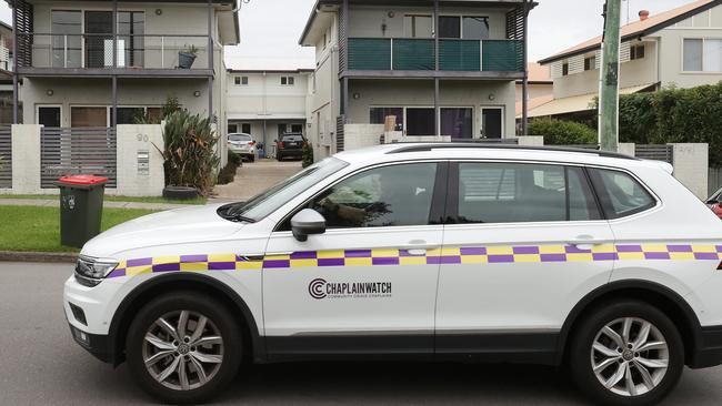 A Community Crisis Chaplain car at the scene where two women were reportedly shot at in the early hours of Tuesday morning on Adelaide Street, Carina. Picture: Liam Kidston.