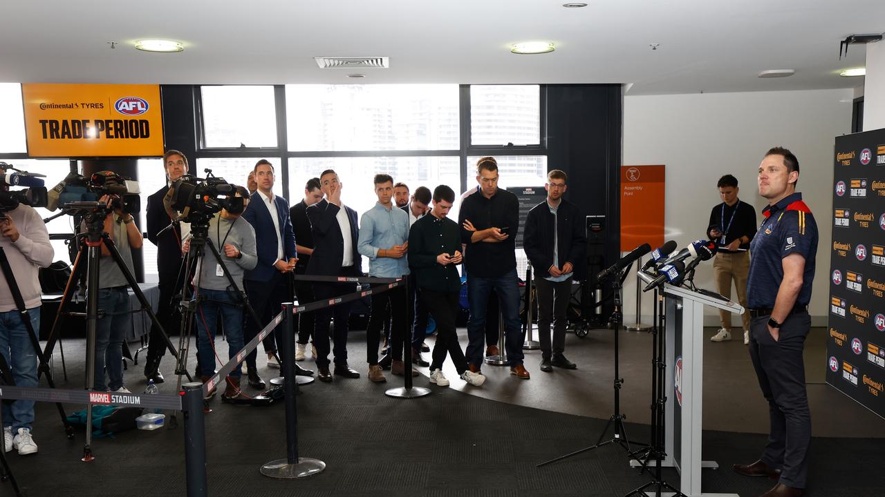 The media scrum at a Crows press conference. Picture: Michael Willson/Getty