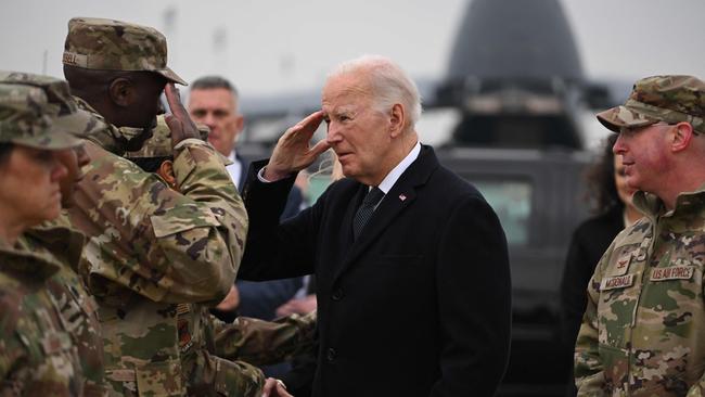 US President Joe Biden greets military personnel in Delaware to attend the dignified transfer of the remains of three US service members killed in the drone attack on the US military outpost in Jordan. Picture: AFP