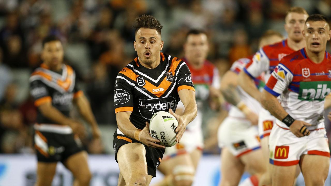 Josh Reynolds of the Tigers during the Round 23 NRL match between the Wests Tigers and the Newcastle Knights