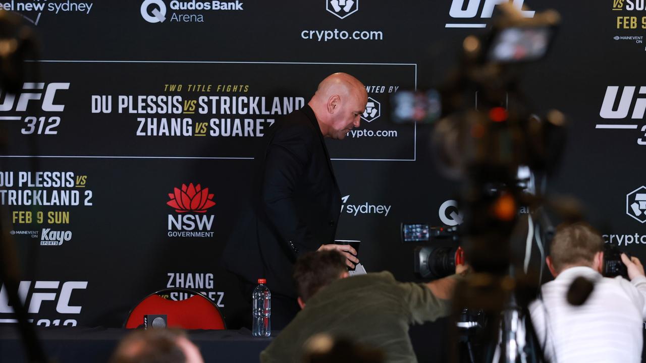 Dana White leaves the press conference at Qudos Bank Arena. Picture: Darrian Traynor/Getty Images)