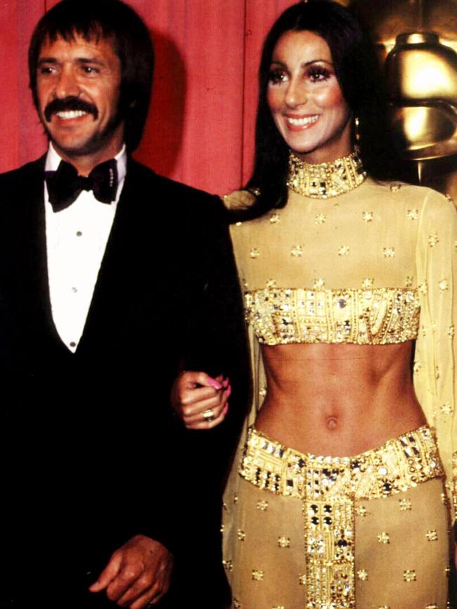 Singers Sony Bono & wife Cher at 1972 Academy Awards. Bono/fam Bono/Singer Cher/fam Cher/Singer